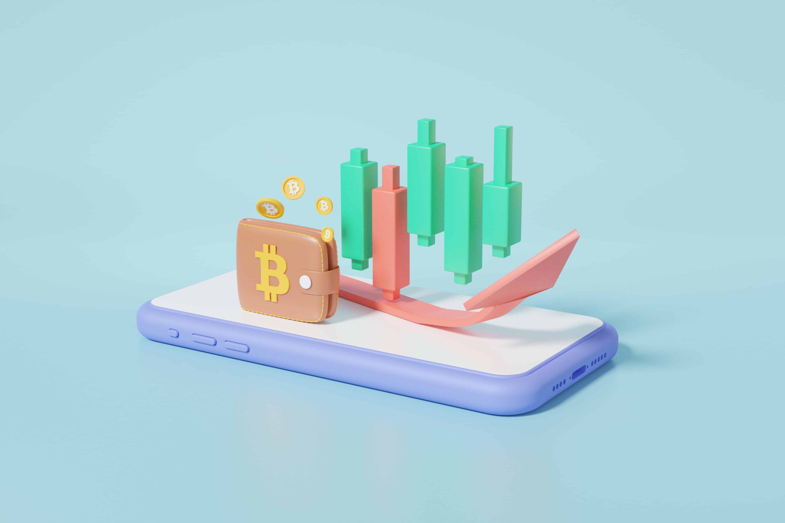 3d trading concept cryptocurrency trading bitcoin mobile growth stock currency transfer exchange wallet data information investing banner isometric 3d render illustration scaled