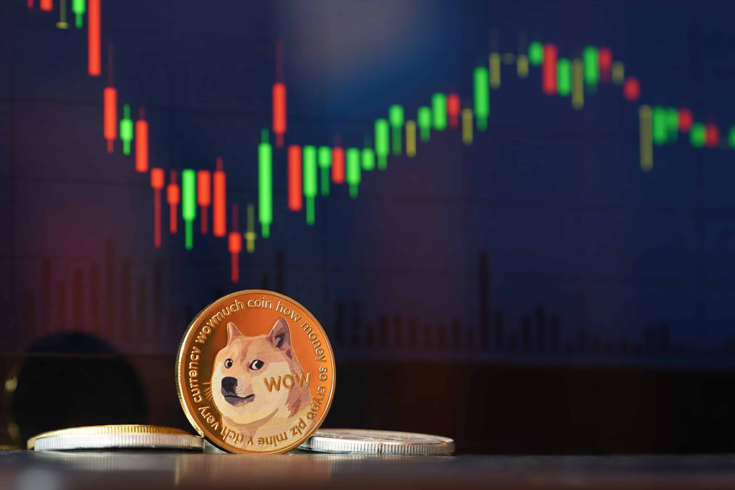 dogecoin standing front with background currency chart new concept cryptocurrency scaled