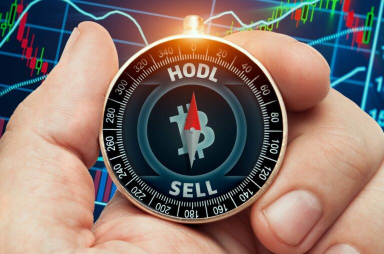 hand holding compass with glowing bitcoin cash symbol front stock market chart data compass needle showing hodl word scaled