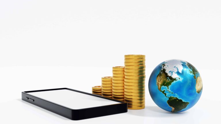 smartphone with stack of gold coins and globe or earth world business 3d rendering element by nasa scaled