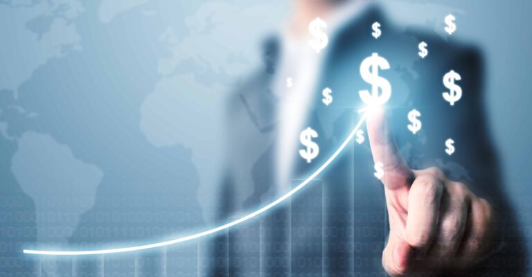 businessman pointing dollar currency icon with a map and graph growing growth scaled