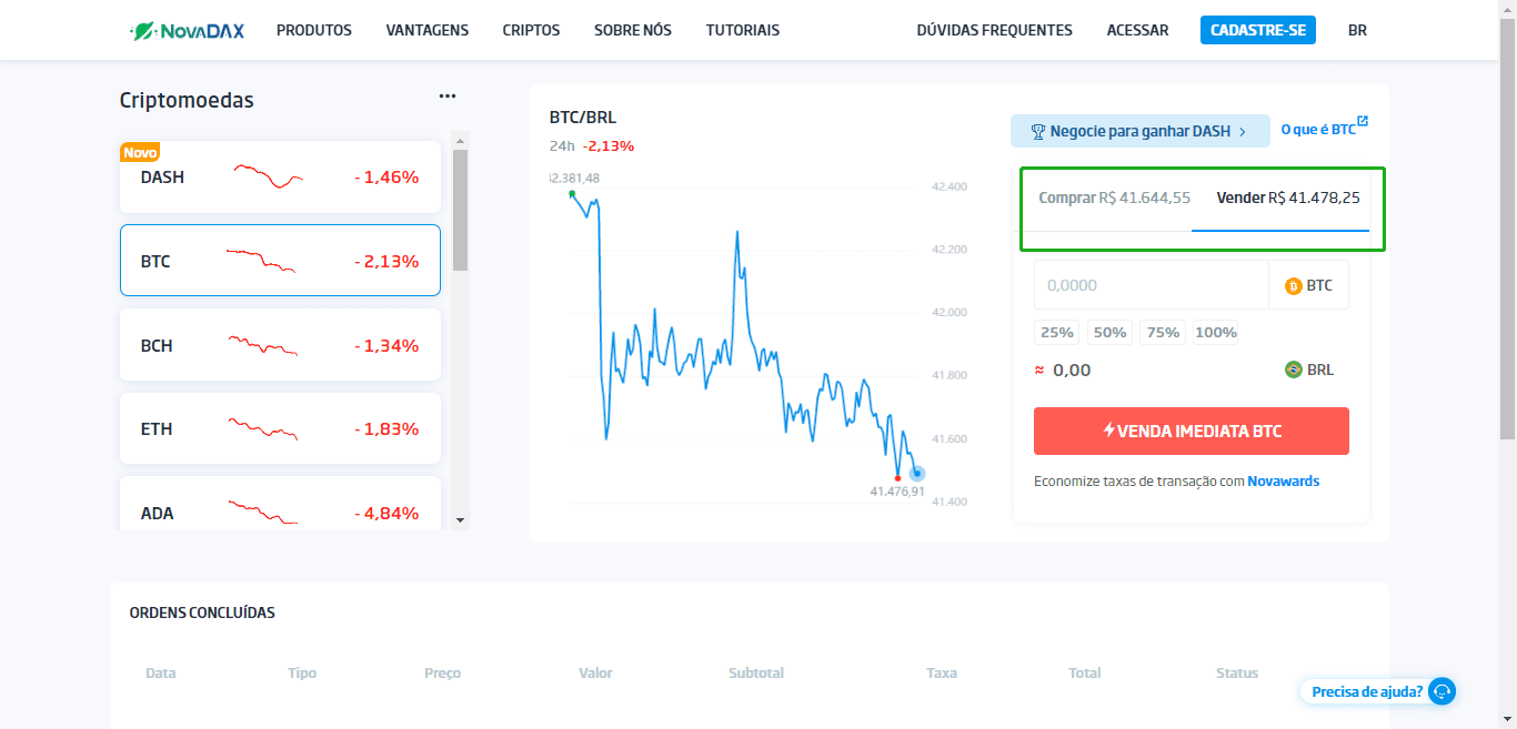 Tela Novadax Comprar e Vender Bitcoin